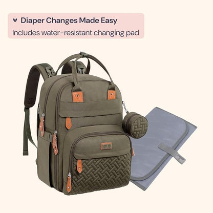 BabbleRoo Diaper Bag Backpack - Baby Essentials Travel Tote - Multi Function Waterproof Diaper Bag, Travel Essentials Baby Bag with Changing Pad, Stroller Straps & Pacifier Case - Unisex, Army Green