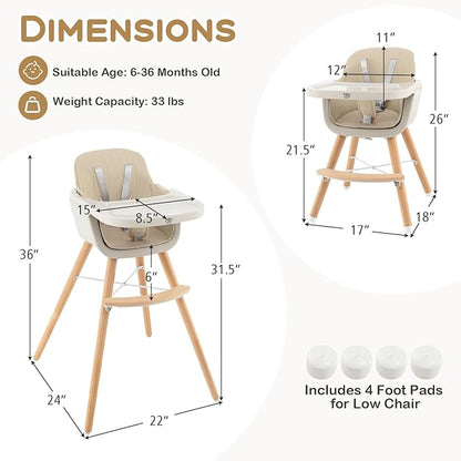 BABY JOY Convertible Baby High Chair, 3 in 1 Wooden Highchair/Booster/Chair with Removable Tray, Adjustable Legs, 5-Point Harness, PU Cushion and Footrest for Baby, Infants, Toddlers (Beige)