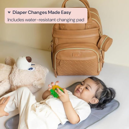 BabbleRoo Leather Diaper Bag Backpack - Baby Essentials Travel Baby Bag, Multi function, Waterproof, with Changing Pad, Stroller Straps & Pacifier Case – Unisex, Light Brown