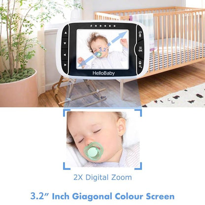 HelloBaby Video Baby Monitor with Remote Camera Pan-Tilt-Zoom, 3.2'' Color LCD Screen, Infrared Night Vision, Temperature Display, Lullaby, Two Way Audio