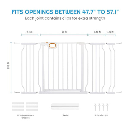 Owlie Adjustable Safety Gate for Stairs - 29-57'' Wide, 30.5'' Tall, No Drilling, Pressure Mount, White