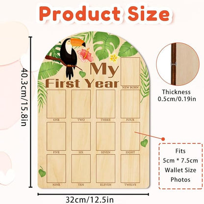 ORIGACH My First Year Baby Growth Photo Display Wood Board - 12 Months Newborn Milestones Photo Board - Neutral Baby Keepsake Board 1st Birthday Party Nursery Decor New Mom Gift - Toucan & Leaves