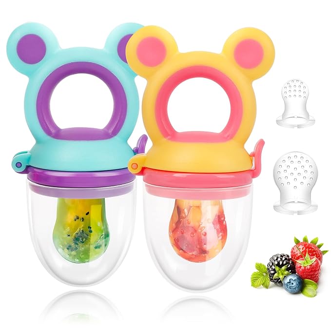 Baby Solids/Frozen Fruit Feeder Pacifier, Infant Teether Toy 4M+, BPA-Free Silicone Pouch & Nipple, Safely Introduce Solids, Teething Relief, 2-Pack (Mickey - Blue Yellow, S/M/L)