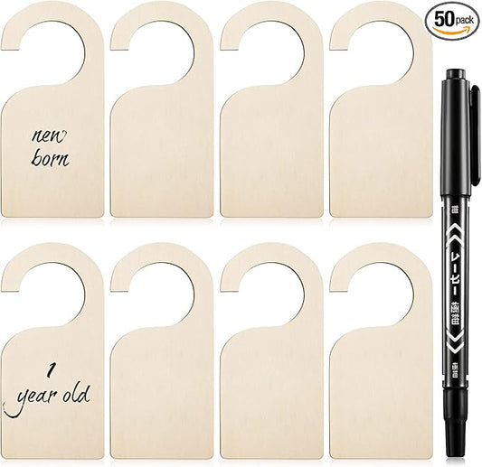 Patelai 50 Pieces Blank Wooden Clothing Rack Divider Closet Blank Organizers Hanger Separators Hanging Closet Divider with Marker Pen for Home Nursery Clothes