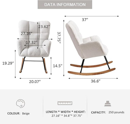Nursery Rocking Chair, Teddy Upholstered Glider Rocker with High Backrest Armchair, Modern Rocking Accent Chairs for Nursery, Living Room, Bedroom, Offices (Ivory)