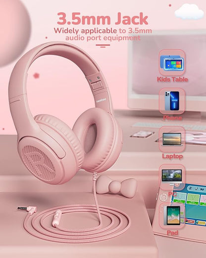 Kids Headphones with Microphone Foldable Stereo Tangle-Free 3.5mm Jack Wired Cord On-Ear Headset for Children/Teens/Boys/Girls/Smartphones/School/Kindle/Airplane Travel/Plane/Tablet (Pink)
