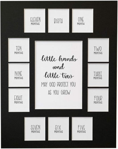 Rustic Red Door Co. Baby's First Year Picture Mat - No Frame - Little Hands and Little Toes Photo Collage - 13 Picture Slots - Newborn Birth to One Year Birthday - Watch Your Baby Grow (Black Mat)