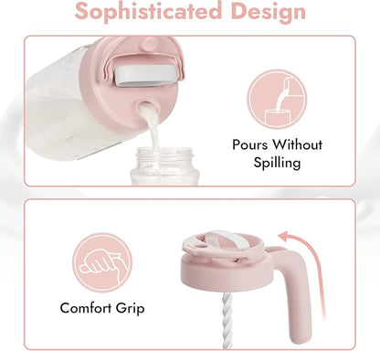 Papablic 32oz Wide Mouth Mason Jar Pour Spout Lid with Mixing Handle & Flip Locking Spout for Mixing Formula/Breastmilk/Protein Powder/Coffee, Pink