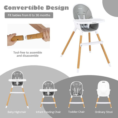 BABY JOY Convertible Baby High Chair, 3 in 1 Highchair w/Adjustable Legs, Dishwasher Safe Tray, Detachable PU Cushion, Footrest, 5-Point Harness for Babies Infants Toddlers (Gray)
