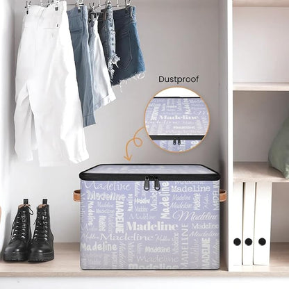 Custom Storage Basket with Name, Personalized Storage Bins with Zipper Lid, Foldable Fabric Storage Box Large capacity with Handle Purple White