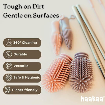 Haakaa Silicone Cleaning Brush Kit – Household Cleaning Brushes for Bottles and Crevices – Food-Grade Silicone: Dishwasher Safe (Kit-Grey)