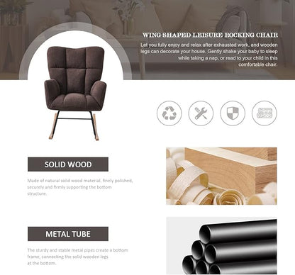 Nursery Rocking Chair, Teddy Upholstered Glider Rocker with High Backrest Armchair, Modern Rocking Accent Chairs for Nursery, Living Room, Bedroom, Offices (Brown)