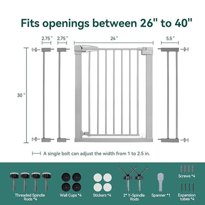 BABELIO 36-Inch Tall Baby Gate, 26-40" Wide Auto-Close Pet Gate, Easy Install and No-Drilling, Pressure Mounted with Wall Protectors and Extension Kits, Gray