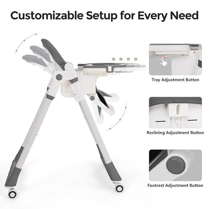 3-in-1 Foldable High Chair for Babies & Toddlers – Adjustable Height, Reclining Seat, 5-Point Safety Harness, Removable Tray, Lockable Wheels, Washable Cushion – Portable & Easy Clean, Grey