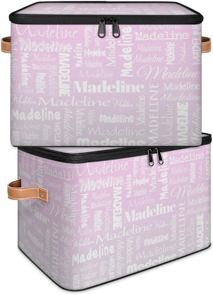Custom Storage Basket with Name, Personalized Storage Bins with Zipper Lid, Foldable Fabric Storage Box Large capacity with Handle Grey Pink Gradient