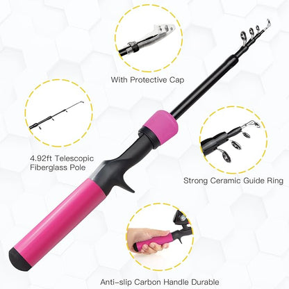 Kids Fishing Pole Kit, 59'' Telescopic Rod and Reel Beginner Combo with Spincast Reel,Tackle Box, Carrier Bag,Fishing Gear for Boys,Girls, Toddler,Youth