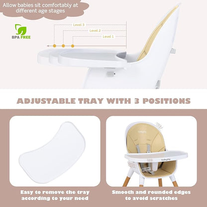 BABY JOY Convertible Baby High Chair, 3 in 1 Wooden Highchair/Booster/Chair with Removable Tray, Adjustable Legs, 5-Point Harness, PU Cushion and Footrest for Baby, Infants, Toddlers (Beige)