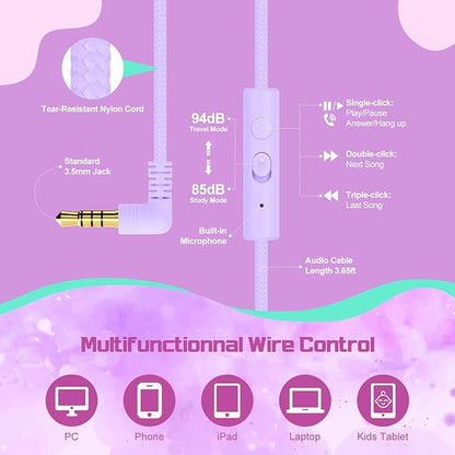 QearFun Kids Headphones Wired with Mic, 85/94dB Safe Volume Limit, Foldable Over Ear, Tangle-Free Cord & Sharing Port, Wired On-Ear Headset for School, Chromebook, Tablet, Travel - Boys & Girls