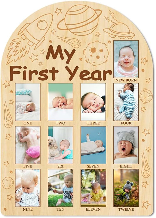 ORIGACH My First Year Baby Growth Photo Display Wood Board - 12 Months Newborn Milestones Photo Board - Neutral Baby Keepsake Board 1st Birthday Party Nursery Decor New Mom Gift - Space