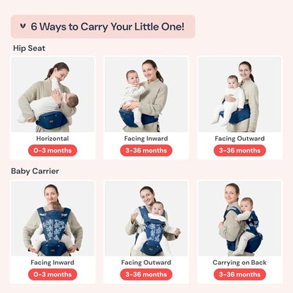 BabbleRoo Grow Carrier – Safety-Certified 6-in-1 Baby Carrier with Hip Seat, Ergonomic & Adjustable Toddler Carrier 7-50 lbs with Hip Support, Hood for Sun Protection, Newborn to Toddler, Denim Leaves