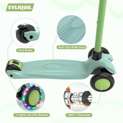 Kids Scooter,Lighted Wheels and 3 Adjustable Height Handlebars Scotters for Kids 3-12,3 Wheel Toddler Kick Scotter for Boys & Girls up to 132 Lbs.
