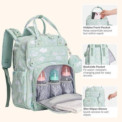 BabbleRoo Diaper Bag Backpack - Baby Essentials, Travel Essentials Baby Bag with Changing Pad, Stroller Straps & Pacifier Case - Unisex, Green Birdy