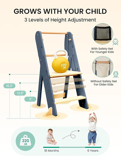 GROWNSY Foldable Step Stool Toddler Tower, Toddler Kitchen Stool Helper, Collapsible Kids Standing Learning Tower with 3 Adjustable Heights and Safety Net for Kitchen Bathroom Sink Counter (Blue Gray)