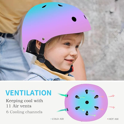 Adjustable Kids Bike Helmet with Knee & Elbow Pads Set, Color Gradient Design for Boys and Girls Aged 3-14+, for Skateboarding, Scooter, Roller & Inline Skating, Longboard