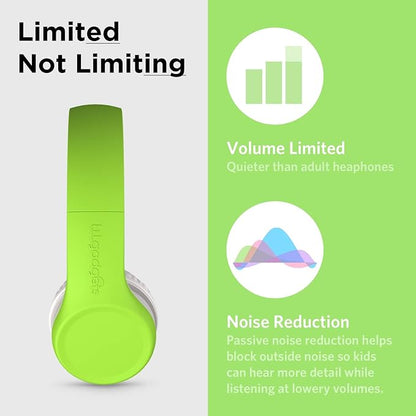 LilGadgets Connect+ Wired Kids Headphones for School with Mic, Volume Limited & Noise Reduction, On-Ear Headset with Cord, SharePort Technology for Multiple Kids & SoftTouch Padding, Green