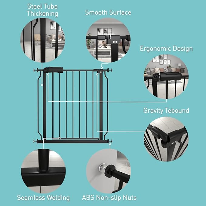 WAOWAO Baby Gate 52.76-57.48" Extra Wide Pressure Mounted Walk Through Swing Auto Close Safety Black Metal Toddler Kids Child Dog Pet Puppy for Stairs,Doorways,Kitchen