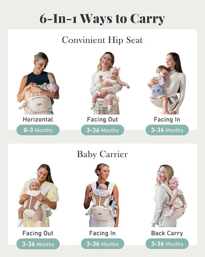 Baby Carrier Newborn to Toddler, 6-in-1 Baby Carrier, Adjustable Detachable Infant Baby Hip Seat Carrier for 7-50lbs