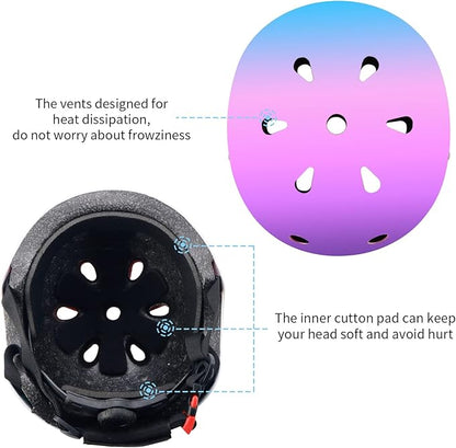 Adjustable Color Gradient Skateboard Helmet for 3-5-8-14+Ages【Toddler Kids Youth Adult】 Girls Boys Woman.Bike Helmet for Multi-Sports Cycling Bicycle Scooter Inline Roller Skate Rollerblading