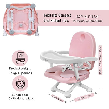 Baby Booster Seat for Dining Table with Removable Tray & Cushion, 3in1 Portable Toddler Booster Seat, 4 Height Adjustable Travel High Chair for Babies and Toddlers