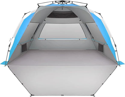 Oileus XX-Large Beach Tent Sun Shelter for 5-6 Person Portable Sun Shade Instant Pop Up Tent for Beach with Carrying Bag, Stakes, 6 Sand Pockets, Anti UV for Fishing Hiking Camping Blue