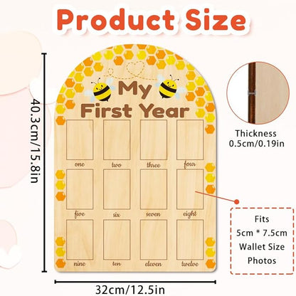 ORIGACH My First Year Baby Growth Photo Display Wood Board - 12 Months Newborn Milestones Photo Board - Neutral Baby Keepsake Board 1st Birthday Party Nursery Decor New Mom Gift - Bee