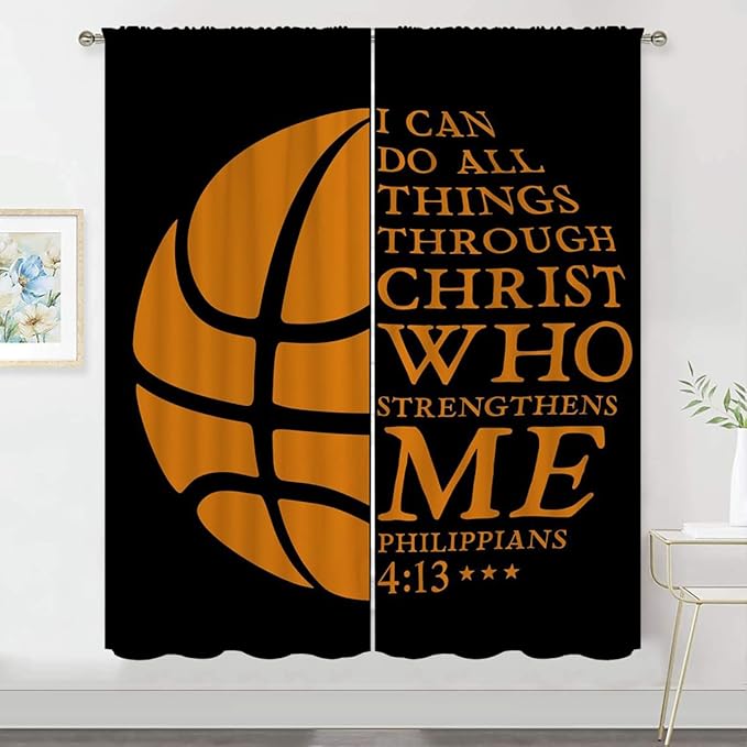 Basketball Blackout Curtains for Boy Girl Room Darkening Decor,Sport Theme and Motto Dark Background Bedroom Living Room Home Rod Pocket Thermal Insulated Window Curtain/Drapes Panel,55x63 Inch…
