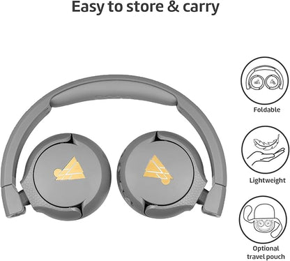 POGS Kids Bluetooth Wireless Headphones | The Gecko 2 | Foldable, Durable Headphones for Kids 3+ | Volume Limited 85 dB, Microphone | On-Ear | Wireless Music-Sharing Function (rGrey)