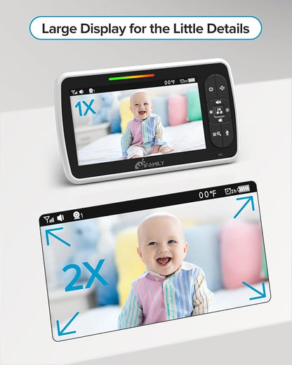 iFamily Baby Monitor with 2 Cameras | Remote Pan-Tilt-Zoom Video Baby Monitor with Camera and Audio, 5” Large Display, Night Vision, Temperature Display, Lullaby, 2 Way Audio & 960ft Range