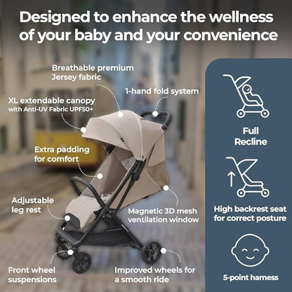 Inglesina Quid³ Stroller, Planet Green - Compact Reclining Travel Stroller for Baby & Toddler 0-55 lbs, One Hand fold, Car seat Compatible, Airplane Overhead, Lightweight, Foldable, XL UPF 50+ Canopy