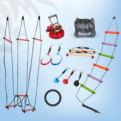 Slackers Exclusive Ninjaline Kit with Rickety Bridge & 15' Bachar Ladder – 36' Obstacle Course Line with 7 Obstacles – Outdoor Ninja Training System
