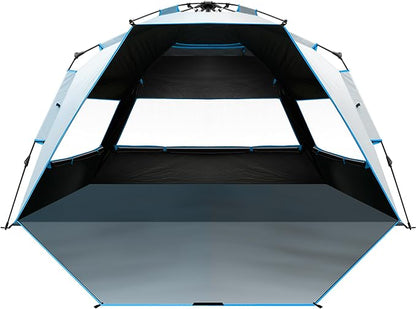 OutdoorMaster Beach Tent with Blackout Shelter Technology, Portable Beach Shade Sun Shelter Canopy for 4-6 Person with UPF 50+ UV Protection, Easy Setup Pop Up Tent Family Size