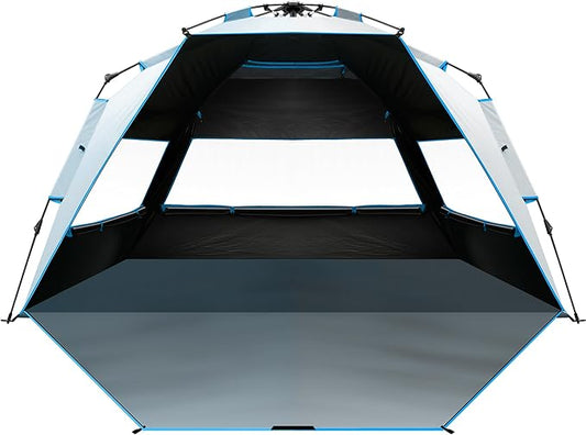 OutdoorMaster Beach Tent with Blackout Shelter Technology, Portable Beach Shade Sun Shelter Canopy for 4-6 Person with UPF 50+ UV Protection, Easy Setup Pop Up Tent Family Size