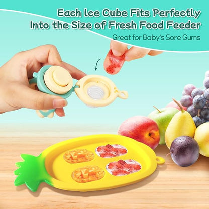 Baby Fruit Food Feeder - Silicone Nibble Tray Combo - Breastmilk Popsicle Mold for Cooling Relief, BPA Free Mesh Feeder for Infant Self Feeding (Robot Green + Pineapple)