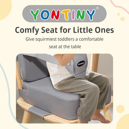 Toddler Booster Seat for Kitchen Chair, 2-in-1 Dining Table Booster Seat with Backrest & Adjustable Straps – Easy-Clean, PU Portable Toddler Eating Travel Increasing Cushion-Light Grey