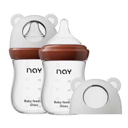 Natural Glass Baby Bottle for Breastfeeding Babies, 5.4oz Anti-Colic Baby Bottle with Natural Response Nipple(S), Clear, Wide Neck, 2 Pack, 1 Months+