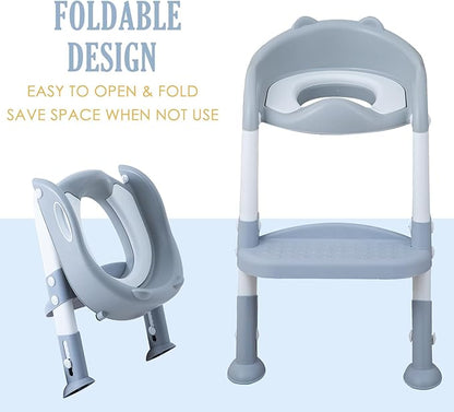 Potty Training Toilet Chair Seat with Step Stool Ladder for Kids and Toddler Boys Girls - Foldable Height Adjustable Children Toilet Training Seat with Safe Handles & Anti-Slip Pads, White-Grey