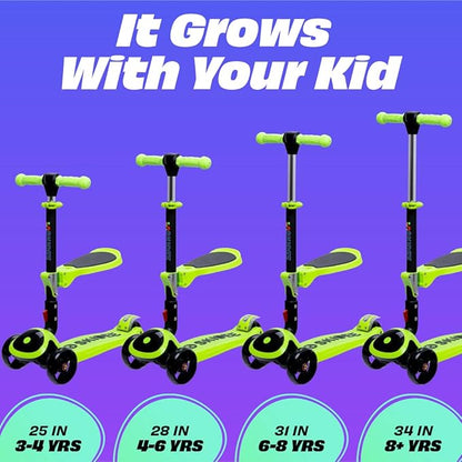 SKIDEE Kick Scooters for Kids Ages 3-5, Adjustable Height Foldable Scooter with Removable Seat, 3 LED Light Wheels, Rear Brake, Wide Standing Board, Suitable Up to 12 Year Old Boys/Girls