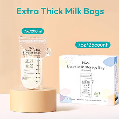 NCVI 25 Count Breastmilk Storage Bags Freezer for Baby, Breast Milk Feeding Bag with Temp-Sensing, Doubled-Sealed, Self Standing, Easy Pour Spout, BPA-Free, 7oz