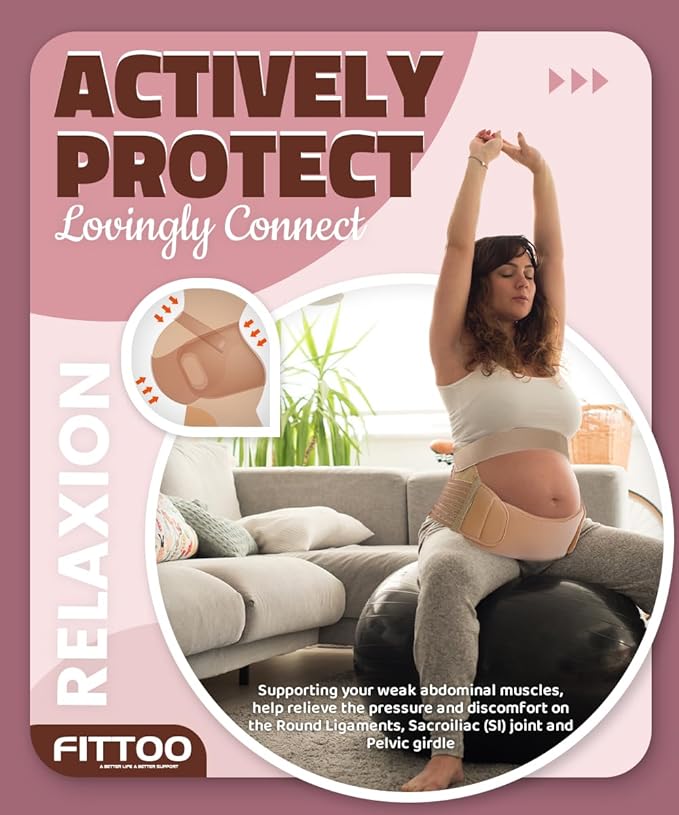 FITTOO Maternity Belt Back Support Belly Band Pregnancy Belt Support Brace Abdominal Binder Waist Support Beige L