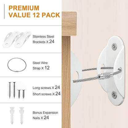 Furniture Anchors (12 Pack) for Baby Proofing, Anti Tip Furniture Anchor Securing 420lbs Tension Earthquake Resistant Metal Furniture Wall Anchor Prevent Baby Pet from Falling Furniture